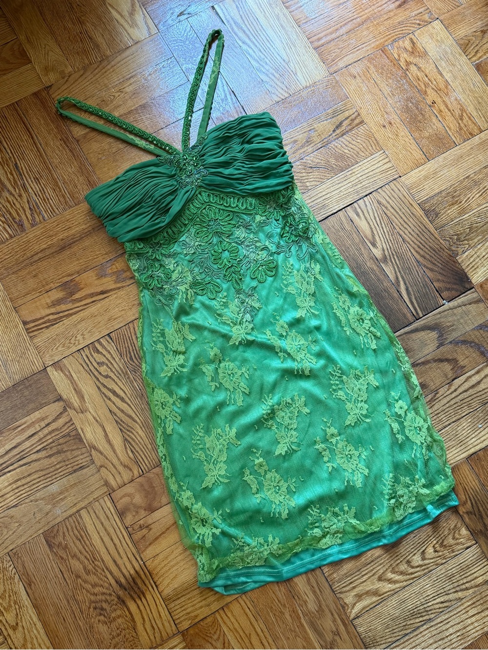 Y2K Vintage Sue Wong Green Lace Beaded Spaghetti Strap Mini Dress